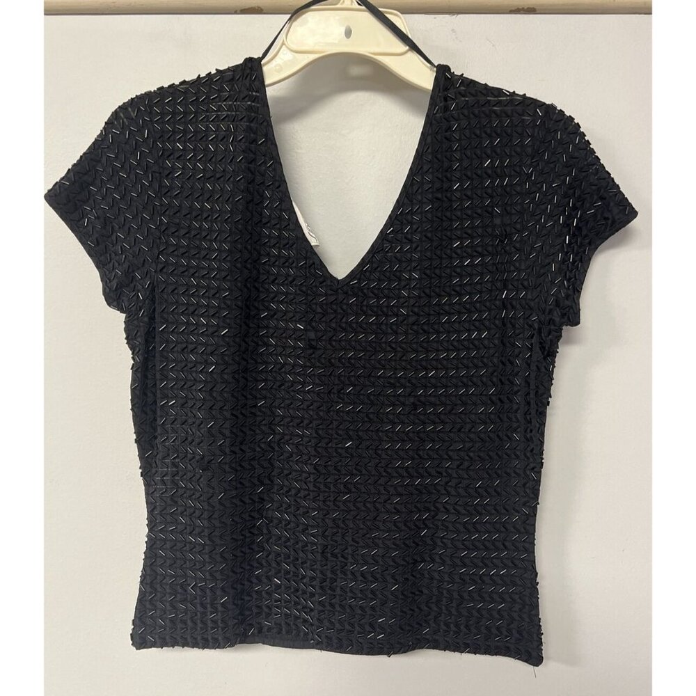 NWT Sideffects Woman's Black Beaded Short Cap Sleeve V Neck Top Medium - Picture 3 of 8